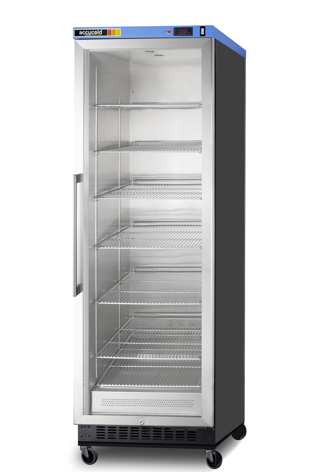Single chamber passive heating blanket warmer with a self-closing glass door, stainless steel interior, digital thermostat, black cabinet, and lock